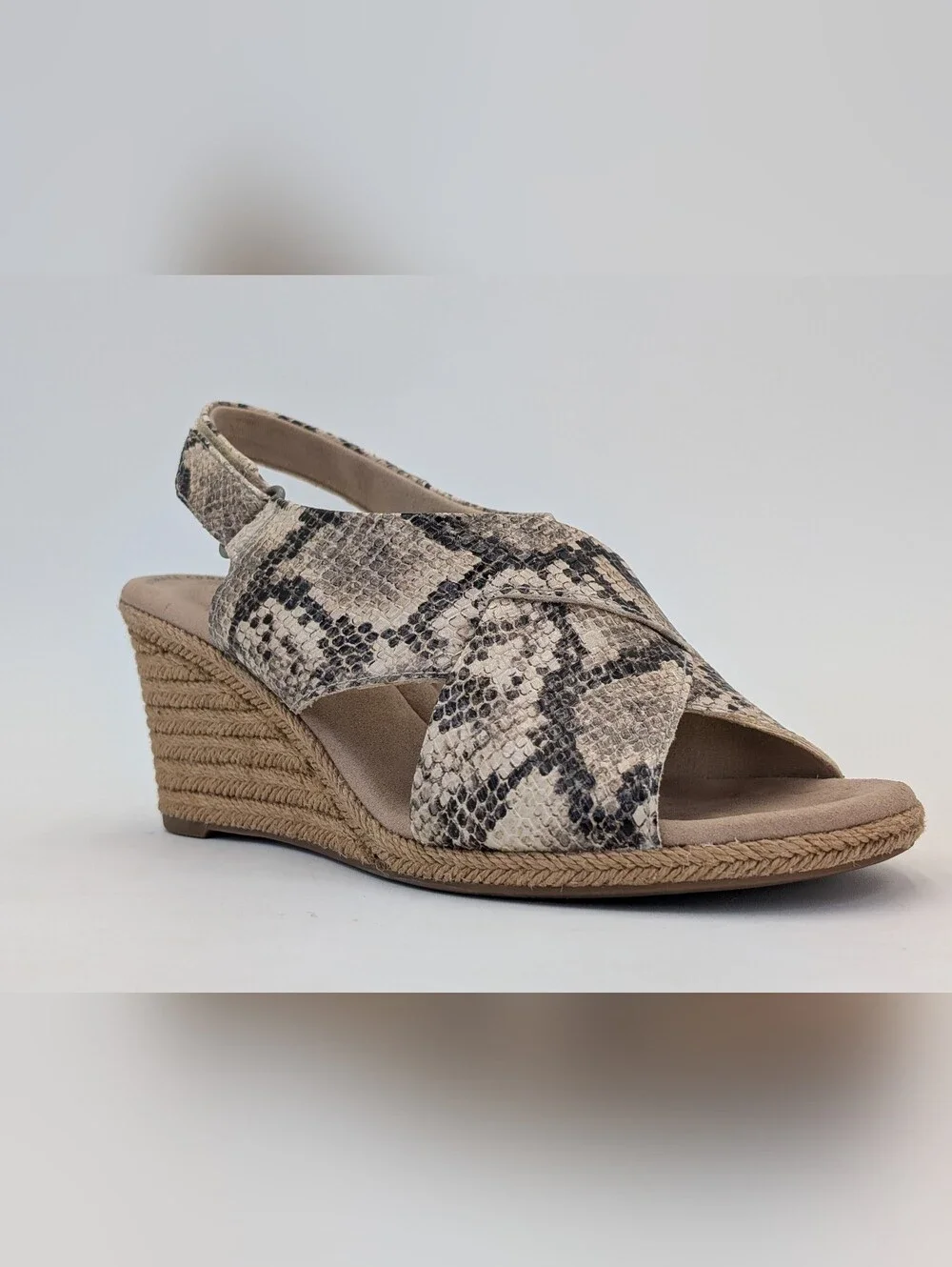 Clarks Collection Lafley Alaine Sz 9W Taupe Snake Print Espadrille Wedge Sandal
